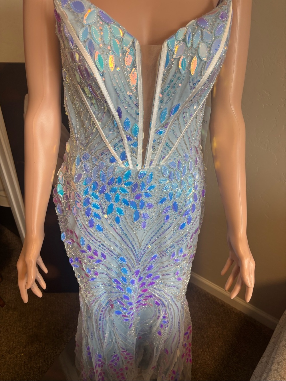 Portia and Scarlett Iridescent Light Blue Sequin Evening Gown